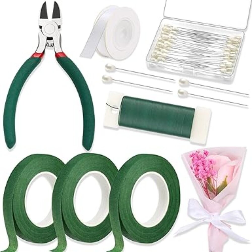 Floral Tape and Wire, Florist Tape and Flower Wire Arrangement Kit with White Ri